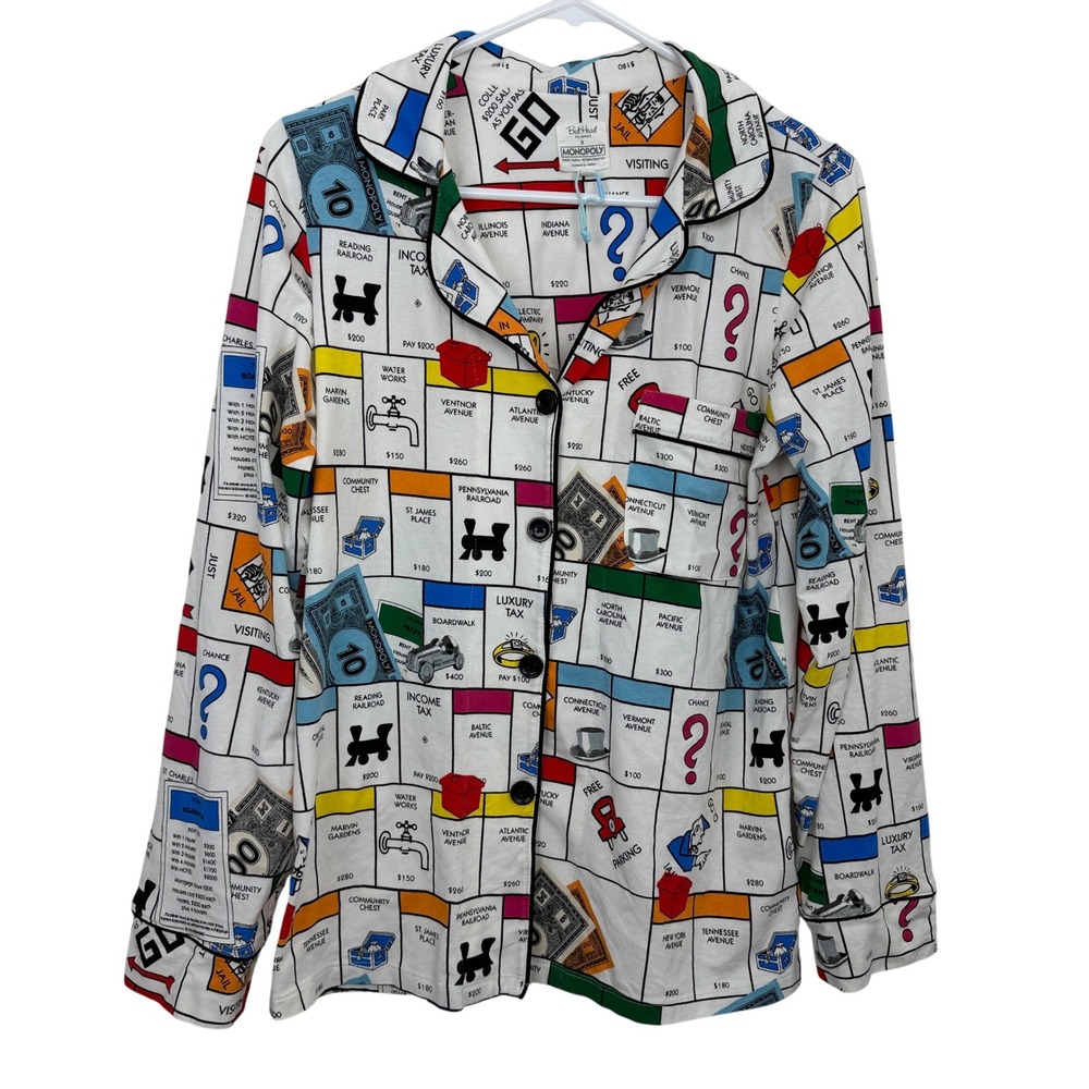 BedHead Pajamas Womens XS White Monopoly Board Game Print Button Up Sleep Top